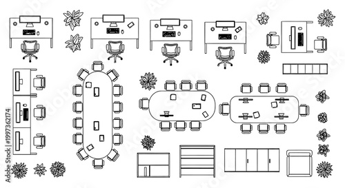 overhead view of office layout with desks chairs conference tables and plants