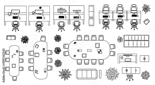 top view architectural plan of modern office layout with workstations meeting tables and plants