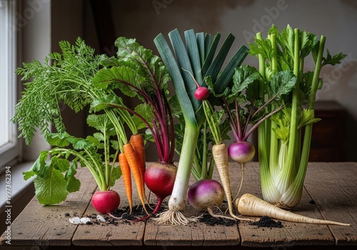 Freshly harvested root vegetables with greens on display