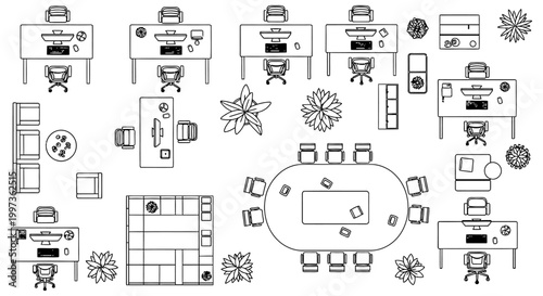 top view of a modern office floor plan with desks chairs and plants