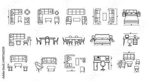 top view furniture symbols set for architectural floor plan design vector illustration
