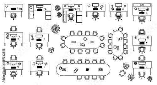 top view of a modern office layout with desks chairs and conference tables