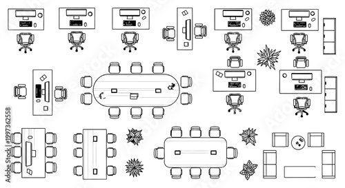top view of a modern office layout with desks chairs and plants