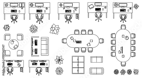 top view of office furniture icons for interior design isolated vector elements