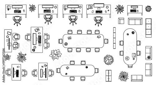 top view of office furniture layout plan with desks chairs and tables