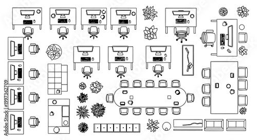 top view of office interior with desks and conference room modern workspace layout