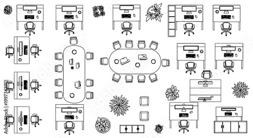 top view of office interior with desks chairs and conference table