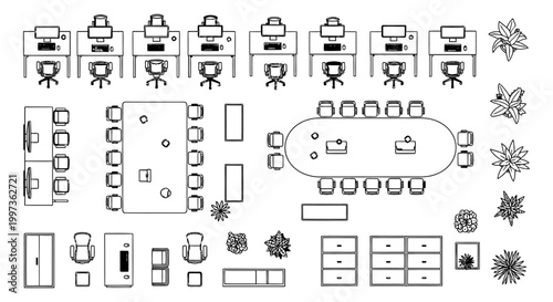 top view of office interior with desks chairs and meeting room for business planning