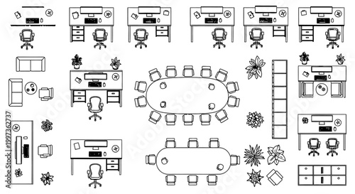 top view of office layout with desks chairs and conference tables vector graphic