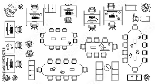 top view of office layout with conference tables and desks interior design