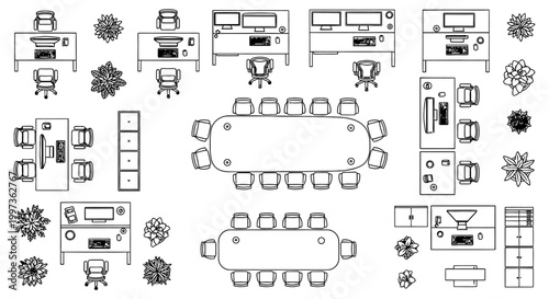 top view of office layout with desks chairs plants and conference tables