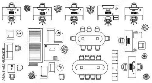 top view of office layout with desks chairs meeting tables and plants