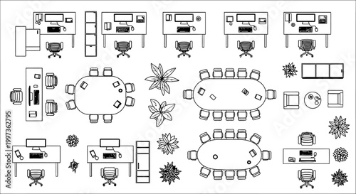 top view of office layout with desks chairs tables and plants