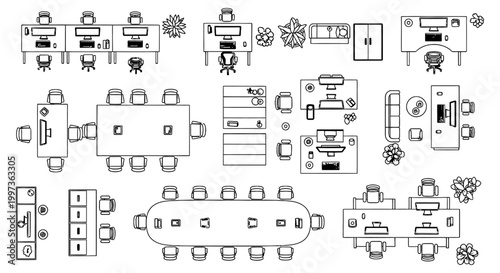 architectural blueprint of modern office furniture and layout top view