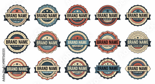 Collection of Vintage Style Brand Name Labels and Badges.