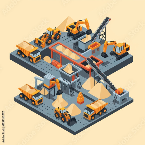Industrial site with heavy machinery and vehicles.