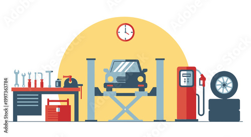 Automotive Service Center Illustration with Vehicle Maintenance