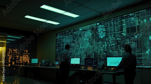 People managing data on a large monitoring screen
