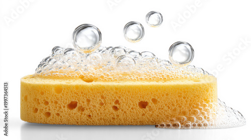 Yellow porous cleaning sponge with soap foam and water bubbles isolated on transparent background