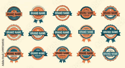 Collection of vintage brand name badges and labels.
