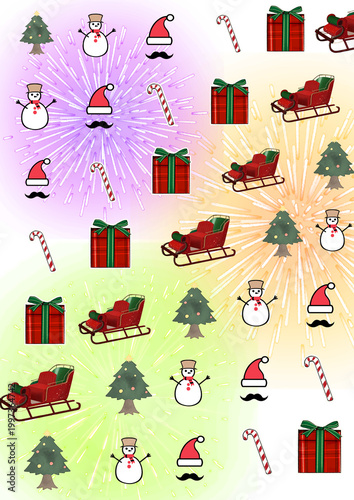 Festive Christmas elements pattern featuring gift boxes, candy canes, and Santa hats on colorful background.