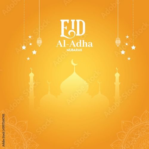 Eid al-Adha Mubarak celebration with lanterns, crescent moon, and mosque silhouette
