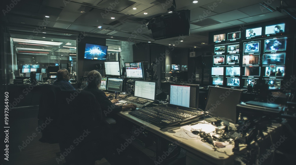 Fototapeta premium Broadcast control room with technicians monitoring media production