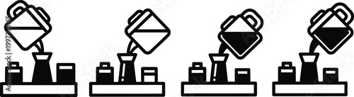 Liquid pouring into beaker icon set, laboratory research process steps