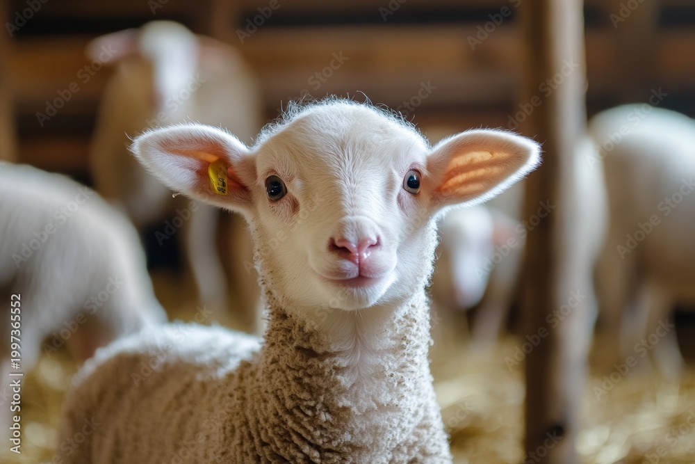 Obraz premium Lamb looks at camera while flock of sheep eats food in cattle barn during daytime hours