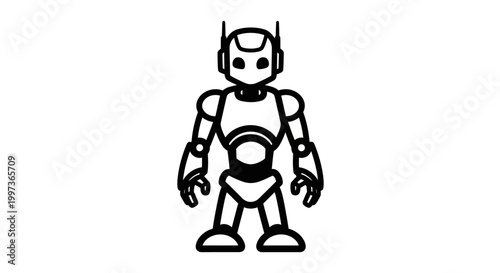 Black and white illustration of a humanoid robot with detailed mechanical joints and a futuristic design.