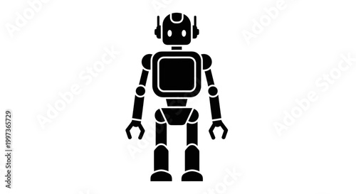 Black and white illustration of a robot with a screen-like face, jointed limbs, and a minimalist design. Futuristic and simplistic style.