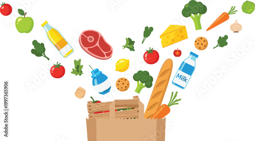 Healthy grocery food items flying into paper bag including fruits vegetables bread milk meat and snacks, fresh organic nutrition vector illustration concept