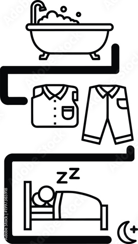 Daily routine icons: bath, clothes, sleep, night