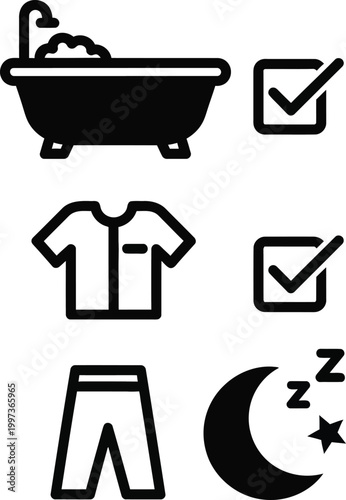 Bathroom, Clothes, Night Icons: Cleanliness, Routine, Rest Concept
