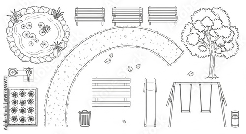 Garden Design Plan with Benches and Trees.
