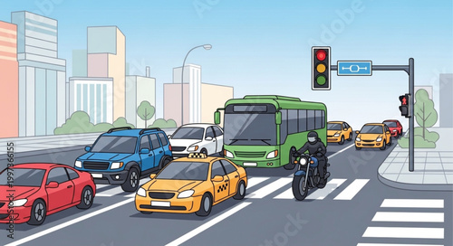 Busy City Street Traffic Intersection with Cars and Bus.
