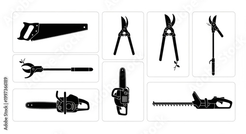 Collection of garden tools and equipment silhouettes.