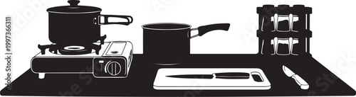 Black silhouette kitchen counter with cooking pot saucepan