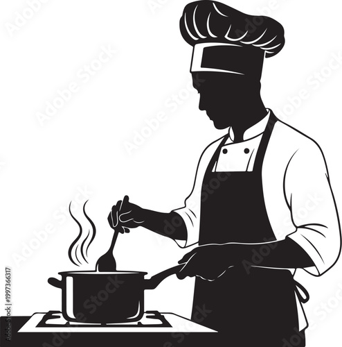 Black silhouette chef stirring pot on stove white cooking