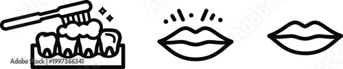 Dental Hygiene Icons: Brushing Teeth and Smiling Lips