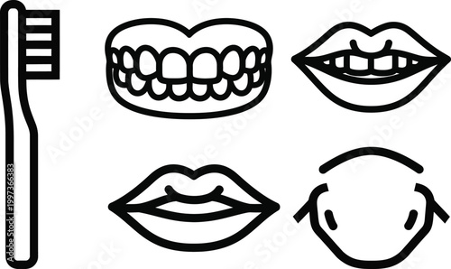 Dental Hygiene Icons: Toothbrush, Smile, Lips, Teeth, Mouth - Clean Oral Care