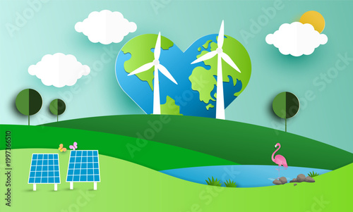 Renewable energy sustainability concept wind turbines solar panels eco environment paper art illustration