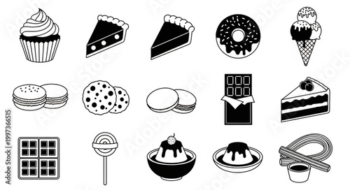 Collection of sweet dessert icons in black and white style.