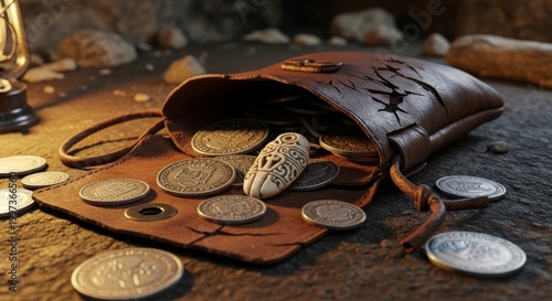 Tarnished Silver Coins Spill From Old Leather Pouch