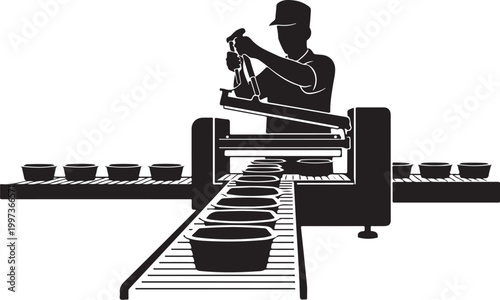 Black silhouette of a man working on a conveyor belt worker