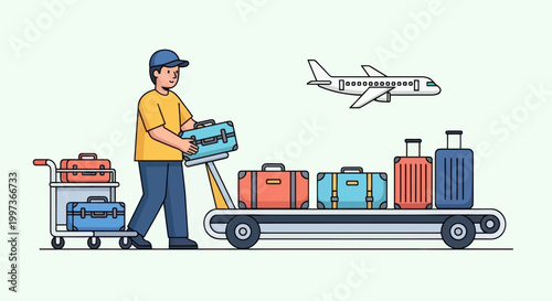 Airport worker loading suitcases onto a trolley with airplane