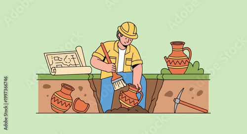 Archaeologist Unearthing Ancient Pottery Artifacts