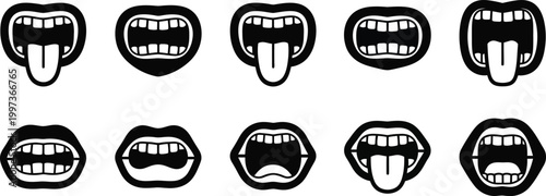 Collection of stylized mouths, open with teeth and tongue, graphic icons
