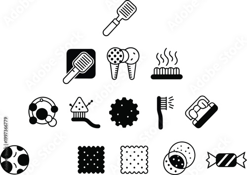 Dental Hygiene Icons: Brushing Teeth, Cavities, Sweets, and Oral Care Symbols