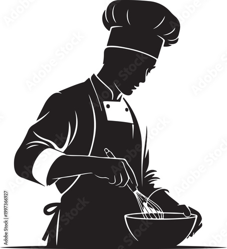 Black silhouette of chef preparing food in bowl white cooking